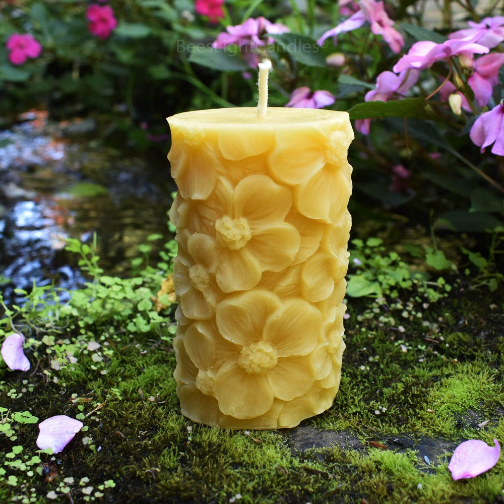 Floral Pillar BEESWAX CANDLE | 100% All NATURAL | Flower Bees Wax Pillars | Valentines Spring Lovely Flowers Candles | Pure Unscented Aroma - Bees Light Candles