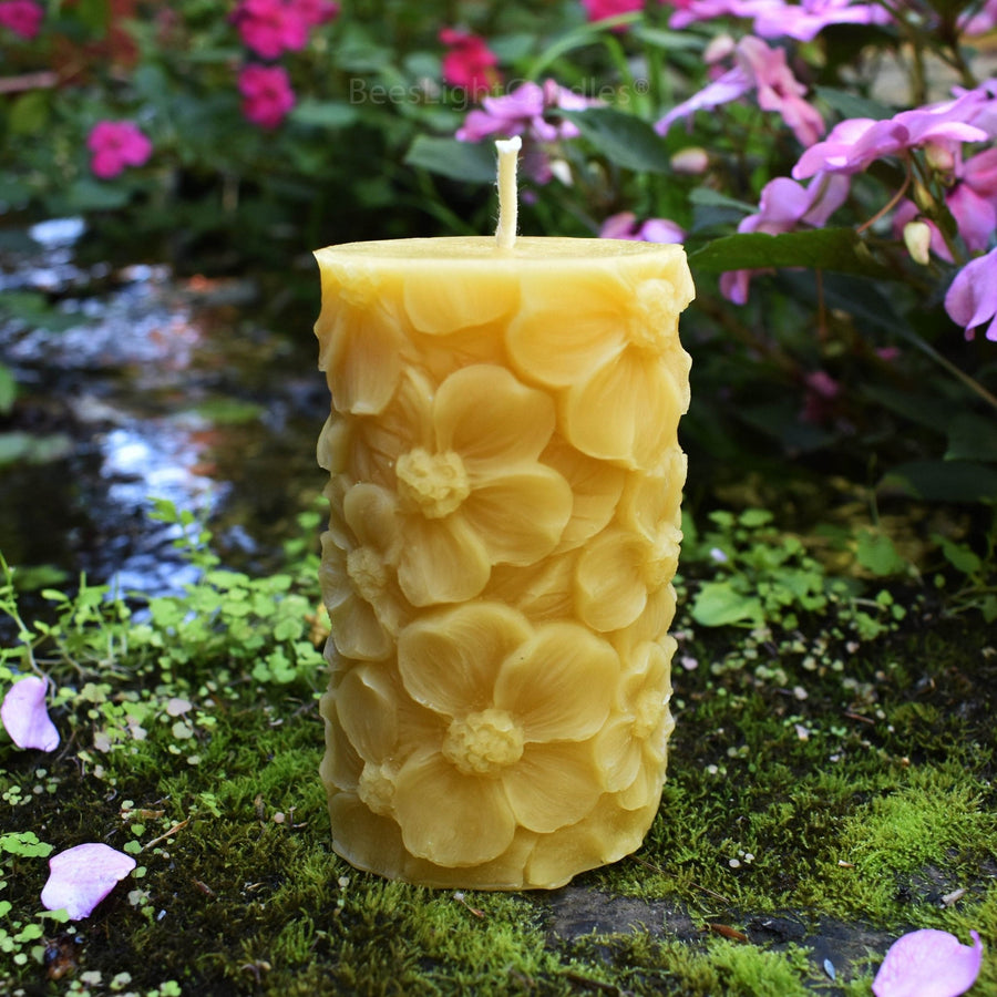 Floral Pillar BEESWAX CANDLE | 100% All NATURAL | Flower Bees Wax Pillars | Valentines Spring Lovely Flowers Candles | Pure Unscented Aroma - Bees Light Candles