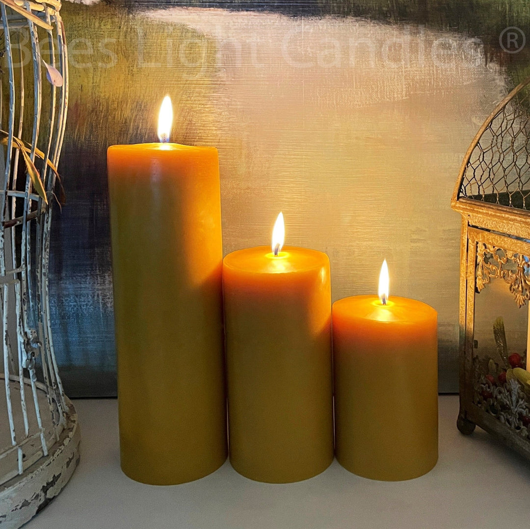 Four Inch BEESWAX PILLAR CANDLE Set | All Natural Bees Wax | Pure Long Lasting Clean Burning Lead Free 3 Piece Candles Centerpiece Unscented - Bees Light Candles