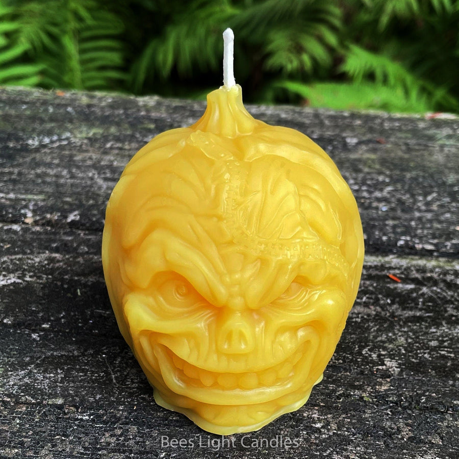 Frankenstein Pumpkin Beeswax Candle | 100% All Natural Bees Wax | Scary Halloween Candles | Jack - O - Lantern Pumpkins | Fall Monster Handmade - Bees Light Candles