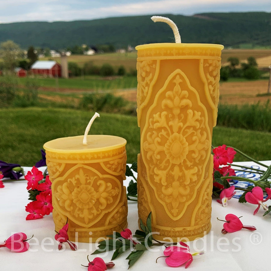 French Country Pillar Candles | 100% Natural Beeswax Candle | Handmade in USA | Fleur De Lis | France | Exquisite Design | Cylinder | Honey - Bees Light Candles