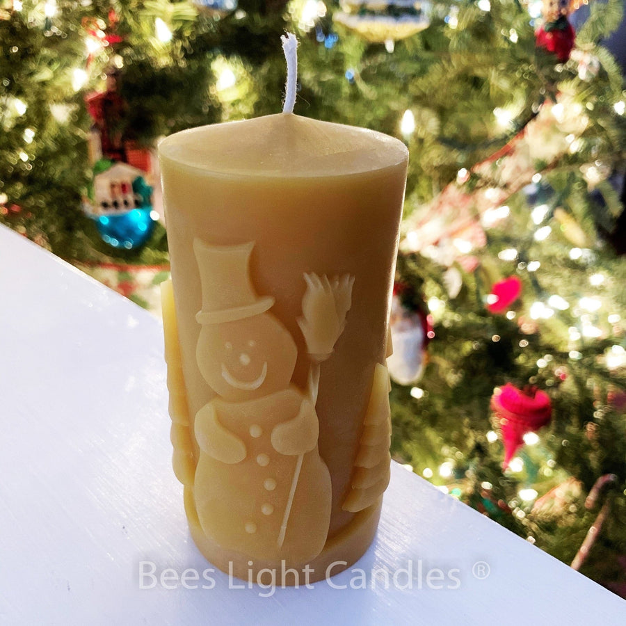 Frosty The Snowman Beeswax Pillar Candle | 100% All Natural Bees Wax | Snow Man Candles | Trees | Holiday | Fun Festive | Winter Season Tree - Bees Light Candles