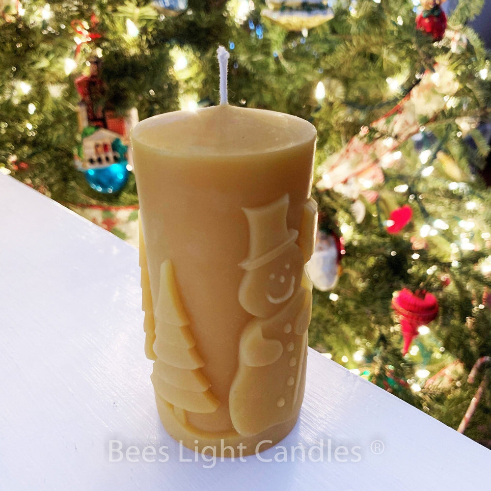 Frosty The Snowman Beeswax Pillar Candle | 100% All Natural Bees Wax | Snow Man Candles | Trees | Holiday | Fun Festive | Winter Season Tree - Bees Light Candles