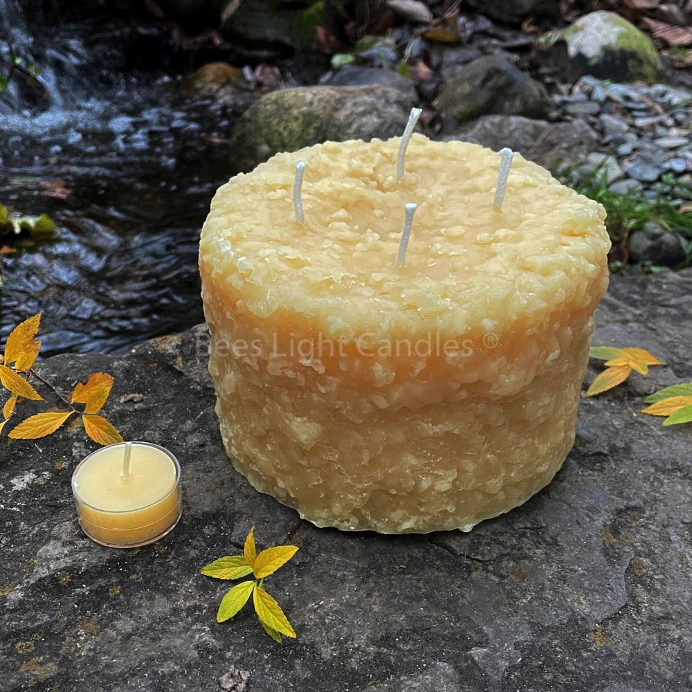 Grubby 6x5" LARGE Pillar Beeswax Candle | 100% All Natural Bees Wax 6 Inch Wide 5 Inch High | Massive 4 Wick Pillars Rustic Country Candles - Bees Light Candles