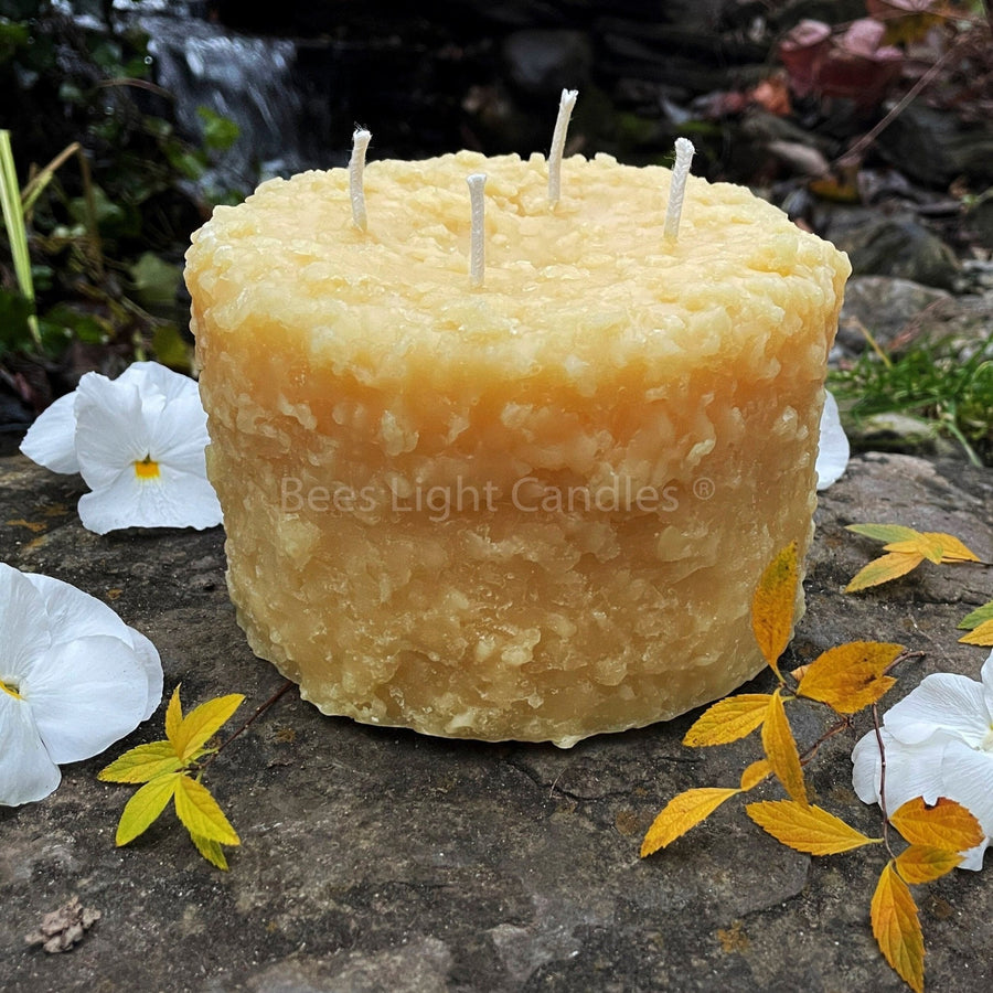 Grubby 6x5" LARGE Pillar Beeswax Candle | 100% All Natural Bees Wax 6 Inch Wide 5 Inch High | Massive 4 Wick Pillars Rustic Country Candles - Bees Light Candles