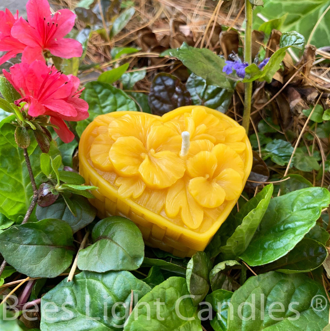 Heart with Flowers Beeswax Candle | 100% All Natural Handmade in USA | Violet | Woven Basket | Gift for Mom or Grandmom | Valentines | Love - Bees Light Candles