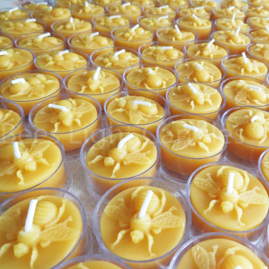 Honey Bee Tealight Beeswax Candles BULK 100% Natural | Handmade USA | Sets 6 | 12 | 18 | 24 | 36 | 48 | 72 Tea Lights | Wedding Event Party - Bees Light Candles