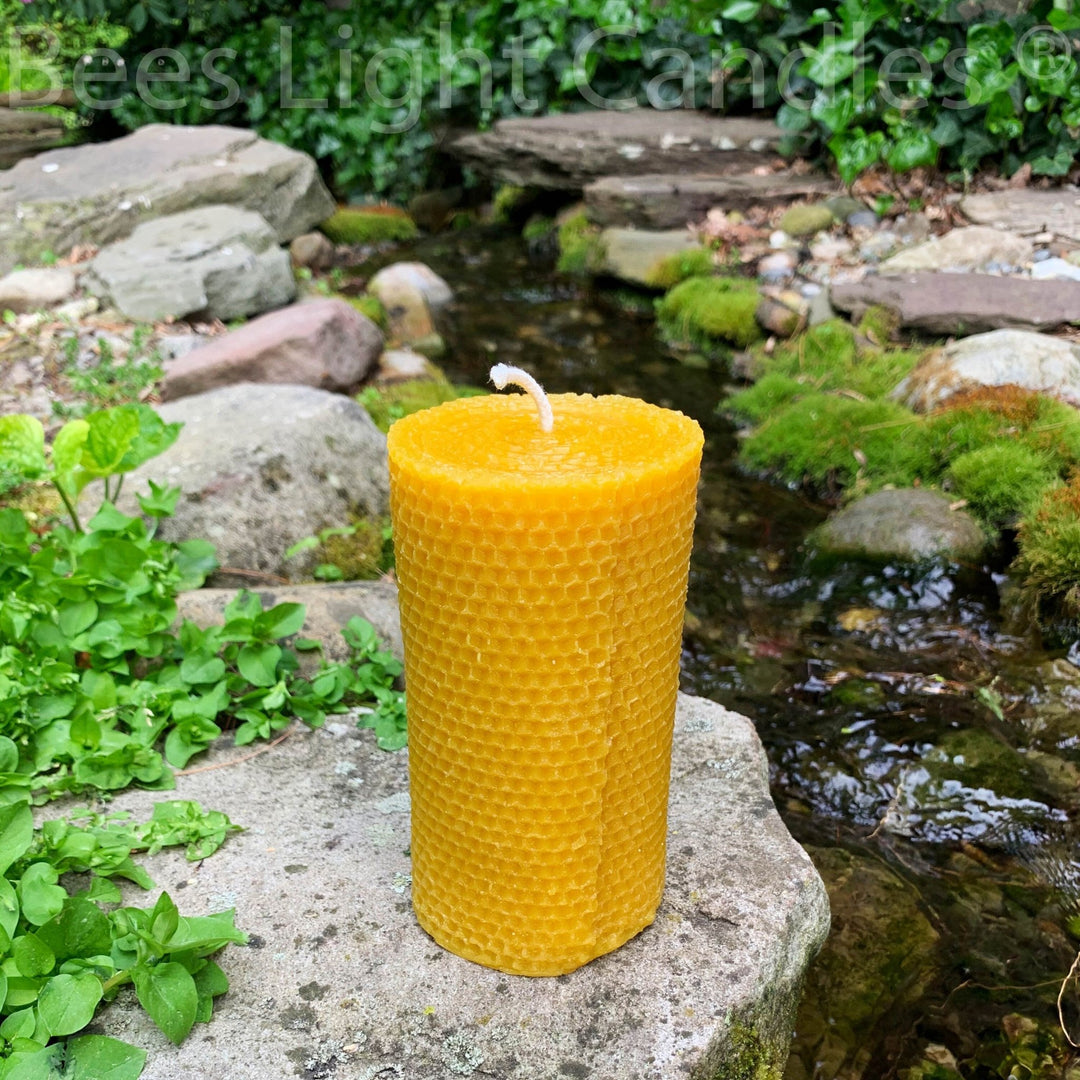 Honeycomb Beeswax Pillar Candle | Handcrafted in USA | Honey Aroma | All Natural Bees Wax | Cotton Wick | Cylinder | Long Burning Yellow Wax - Bees Light Candles