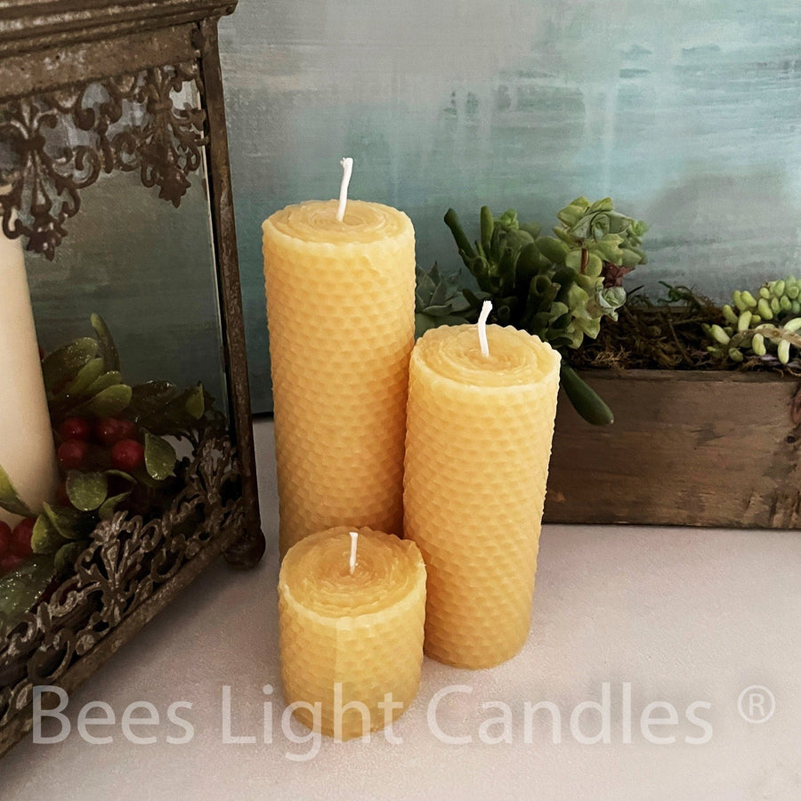 Honeycomb Beeswax Pillar Candles | Bees Wax Rolled Look with Natural Honey Scent | Unscented Candles | Pure Small Medium Large | New Pure - Bees Light Candles