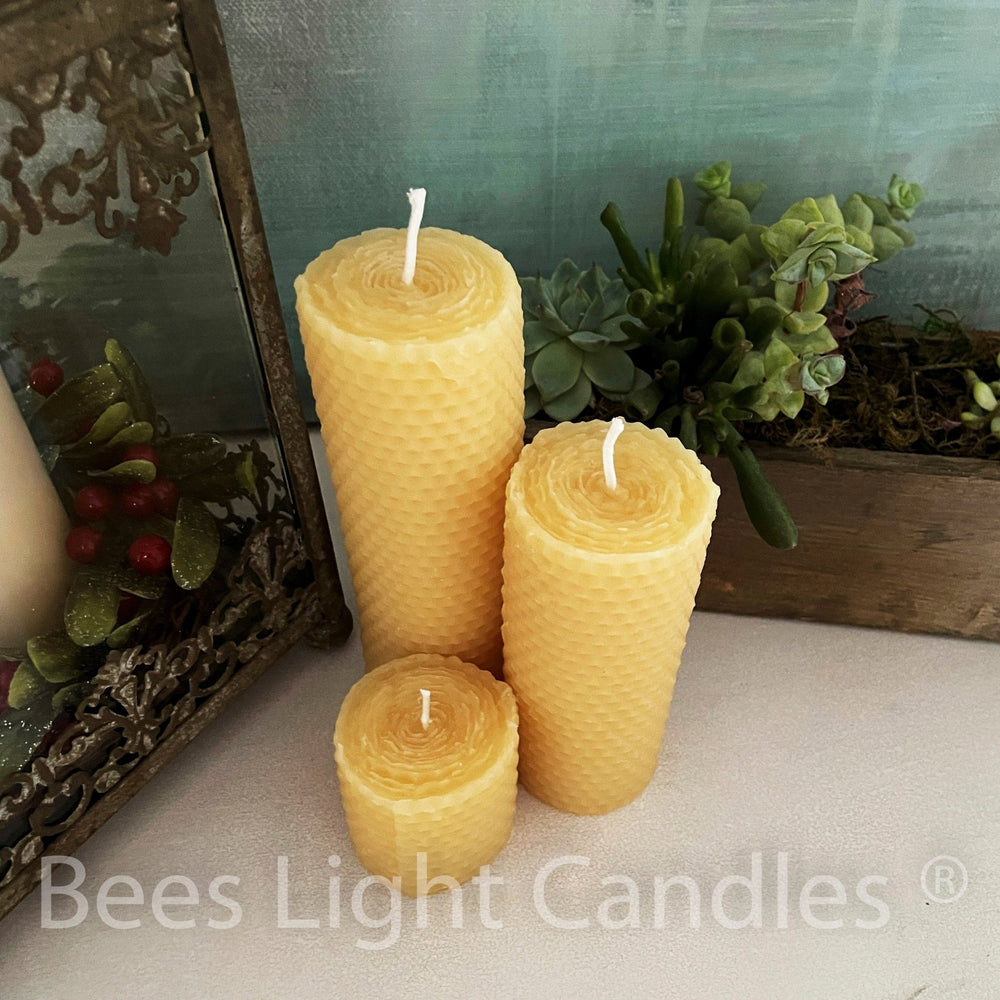 Honeycomb Beeswax Pillar Candles | Bees Wax Rolled Look with Natural Honey Scent | Unscented Candles | Pure Small Medium Large | New Pure - Bees Light Candles