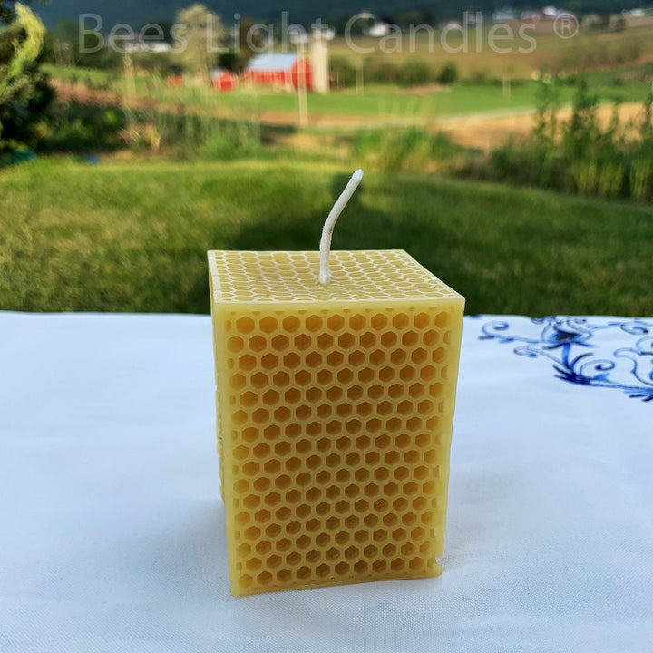 Honeycomb Beeswax Square Pillar Candle | 100% Natural Bees Wax Honey Comb Candles | Allergy Friendly | Box Shape | Modern Cube Design | Cube - Bees Light Candles