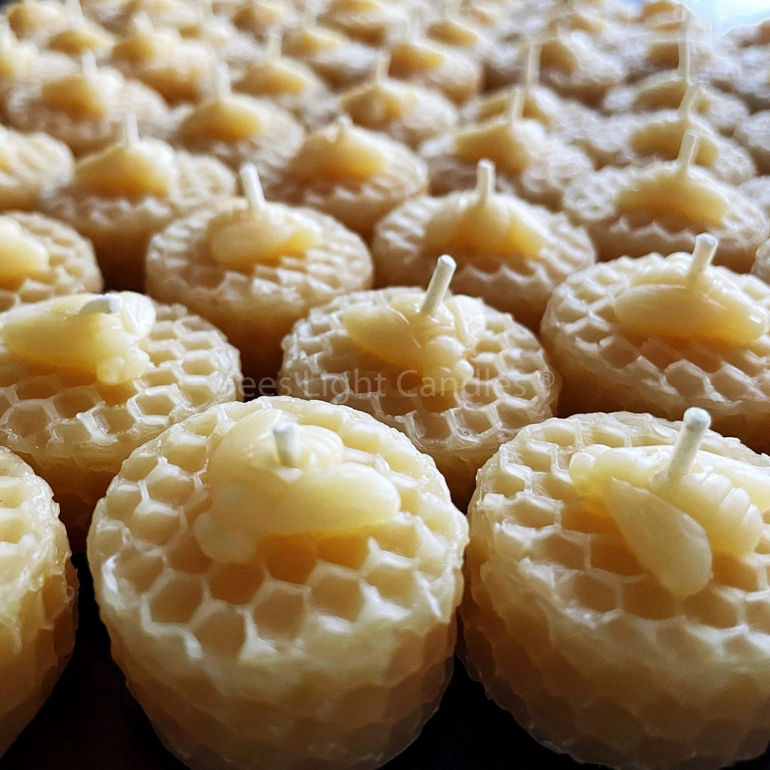 Honeycomb Beeswax Tealight Candles with Bee Embossed | All Natural Bees Wax Tealights | Miniature Candle Creations | Handcrafted in USA PURE - Bees Light Candles