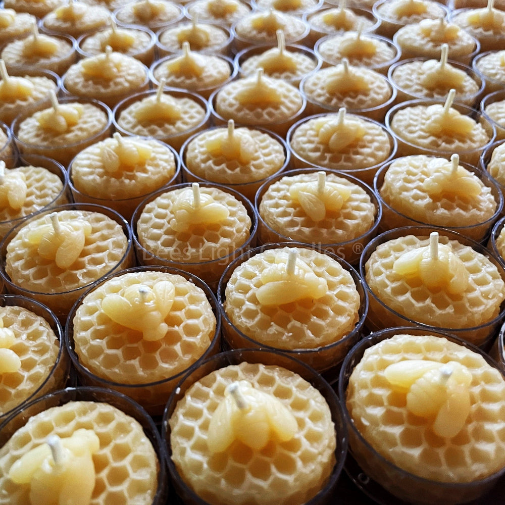 Honeycomb Beeswax Tealight Candles with Bee Embossed | All Natural Bees Wax Tealights | Miniature Candle Creations | Handcrafted in USA PURE - Bees Light Candles