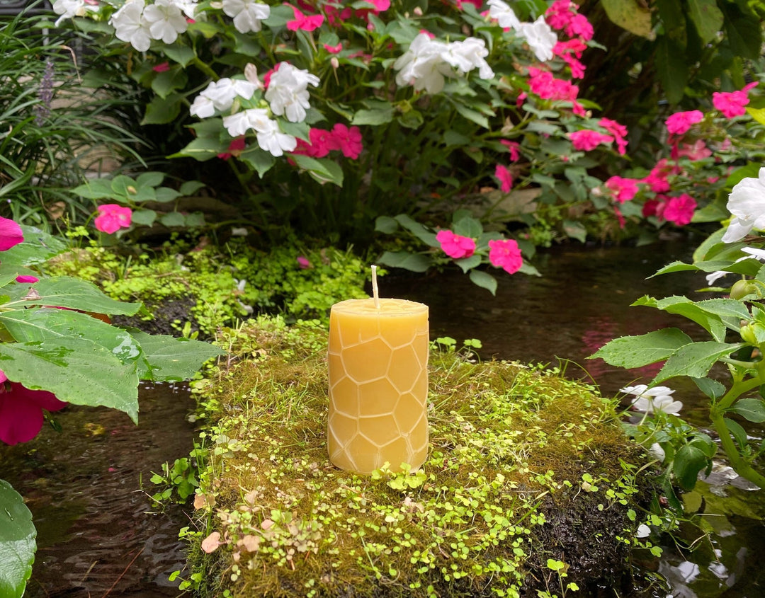 Honeycomb Pattern Beeswax Pillar Candle | 100% All Natural Bees Wax Candles | Honey Aroma | Unscented | USA Handmade Modern Designer Style - Bees Light Candles