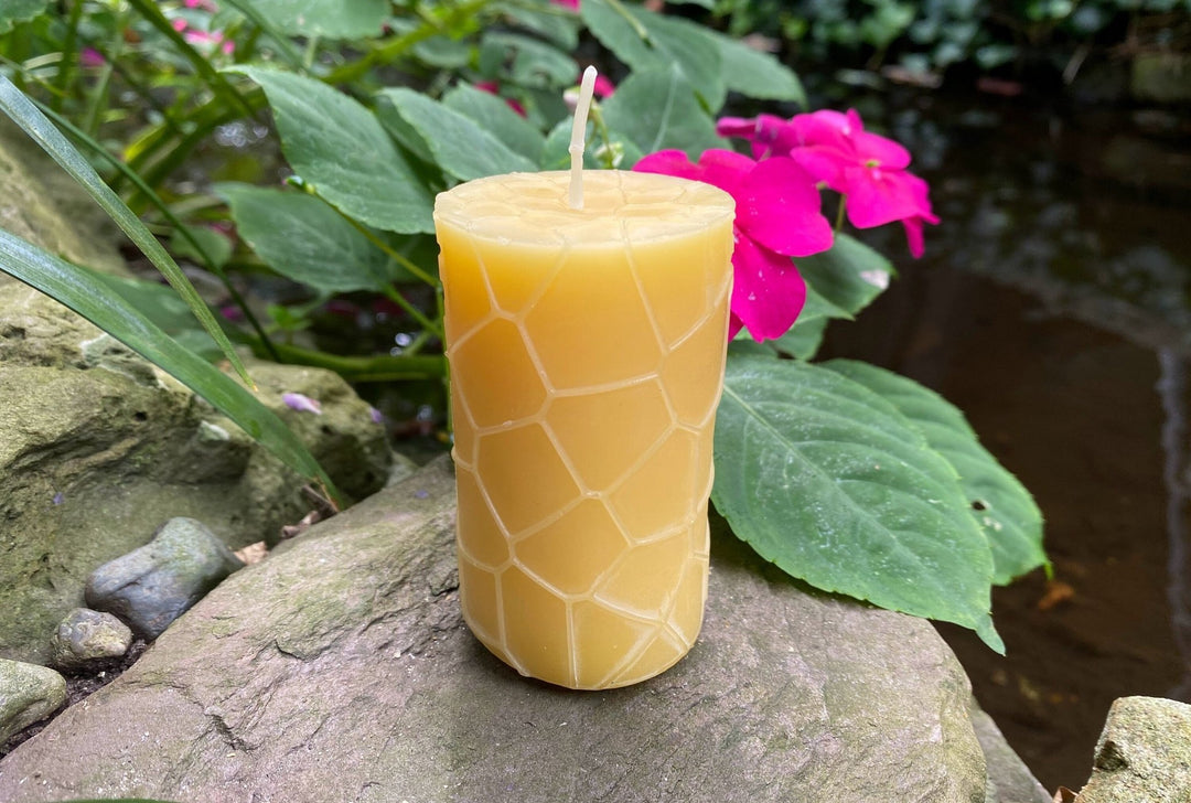 Honeycomb Pattern Beeswax Pillar Candle | 100% All Natural Bees Wax Candles | Honey Aroma | Unscented | USA Handmade Modern Designer Style - Bees Light Candles