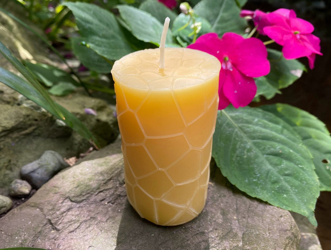 Honeycomb Pattern Beeswax Pillar Candle | 100% All Natural Bees Wax Candles | Honey Aroma | Unscented | USA Handmade Modern Designer Style - Bees Light Candles