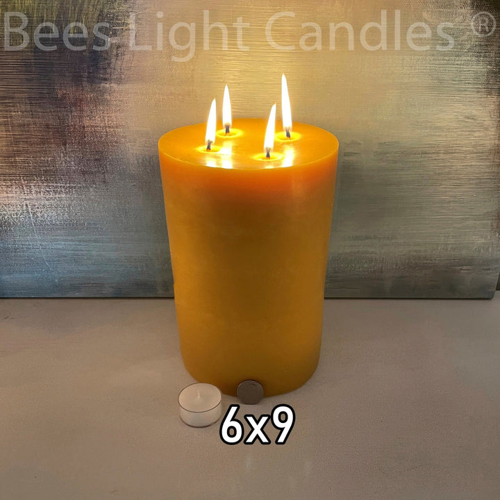 HUGE 6"x9" BEESWAX Pillar Candle All Natural Bees Wax | Six Inch Wide 9 Inches Tall | Clean Burning Pure Unscented Candles | Handmade in USA - Bees Light Candles