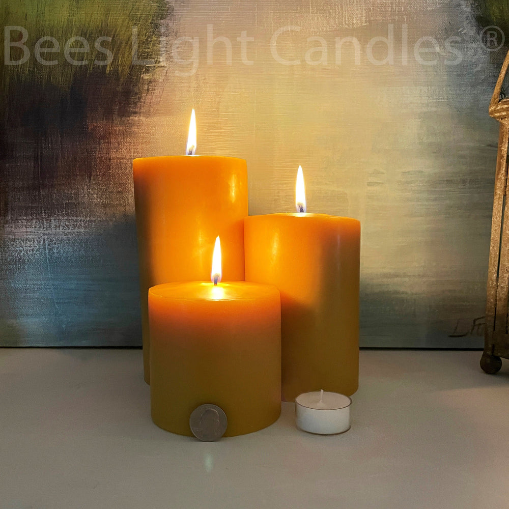 4 Inch Wide LARGE BEESWAX PILLAR Candle Set | Pure All Natural Bees Wax | Giant Set of Candles | Long Lasting Extra Big | Wedding Event New - Bees Light Candles