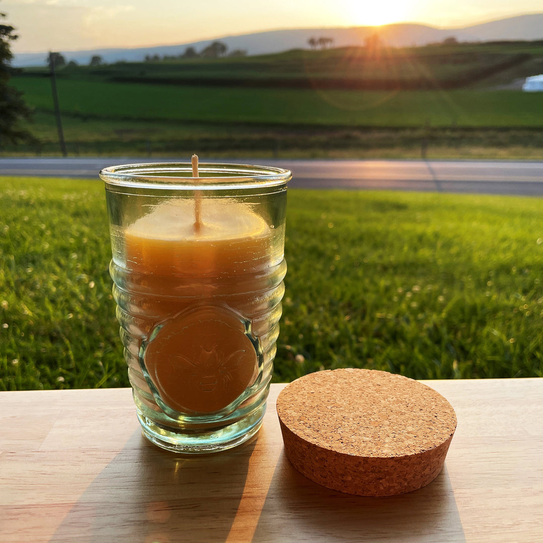 Beeswax Candle in Honeybee Glass Jar 100% All Natural Bees Wax | Spanish Recycled Glass Ecofriendly Pure Cotton Wick Candles Gift | Cork Lid - Bees Light Candles