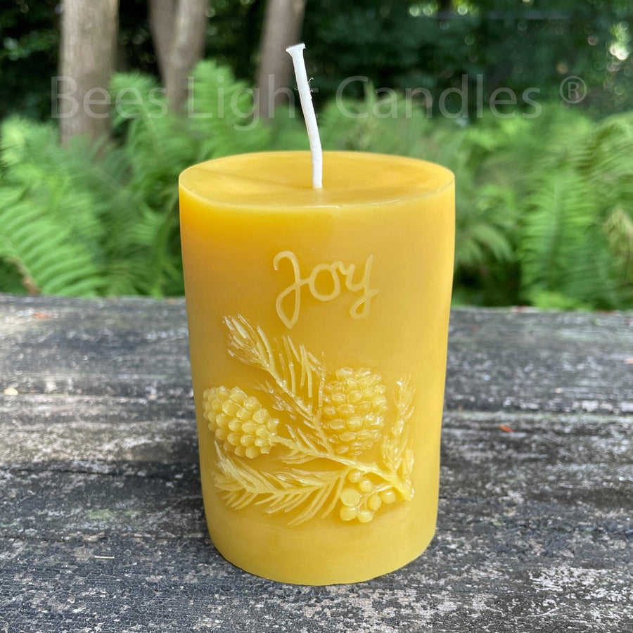 Joy Beeswax Pillar Candle | Pine Cone Designer Candles | 100% All Natural Bees Wax | Cotton Wick | Winter Pillars | Large Fall | Festive NEW - Bees Light Candles