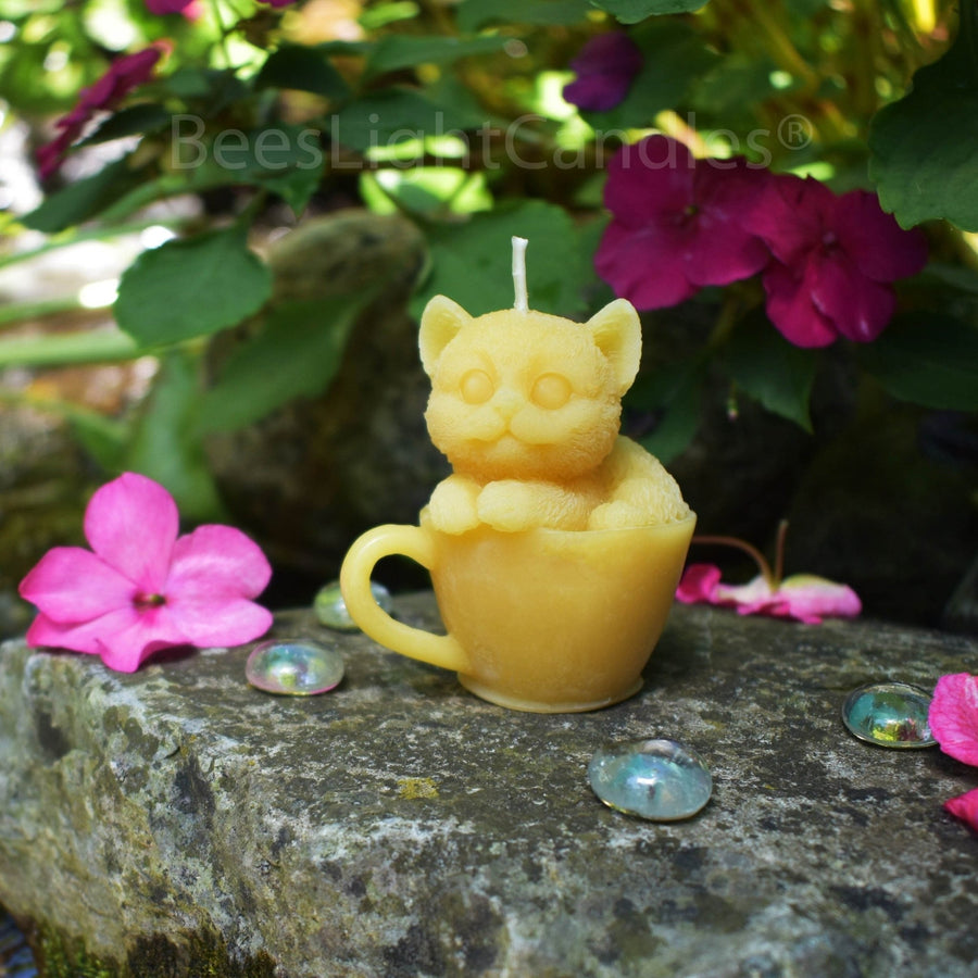 Kitty Cat Tea Cup Beeswax Candle | 100% All Natural Bees Wax | Pure | Teacup Bees Wax Kitten Candles | Feline Animal Lover | Cute Gift Small - Bees Light Candles