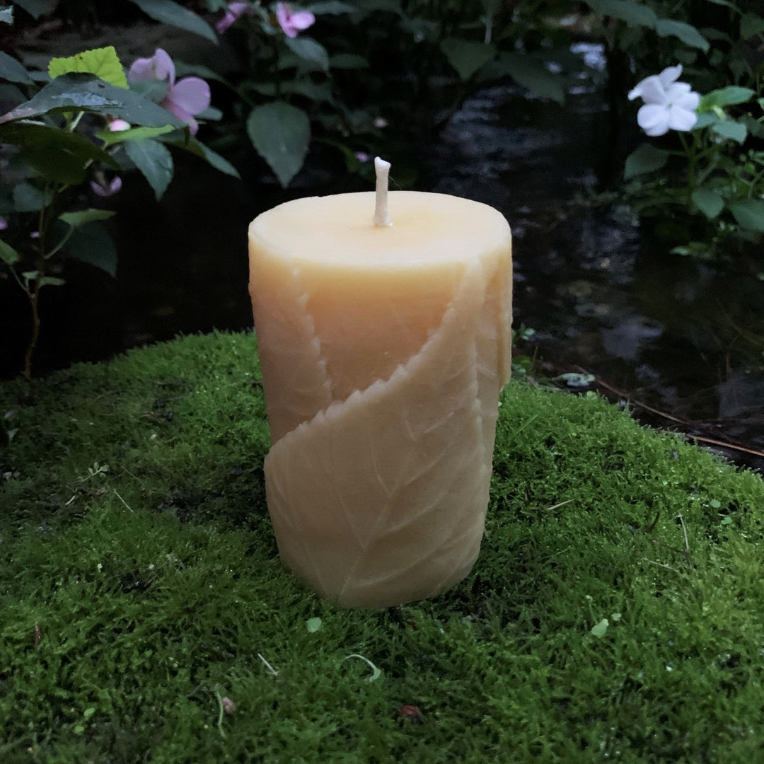 Leaf Pillar Candle | 100% Beeswax | Tall Pillar Candles | All Natural Bees Wax | Handcrafted USA | Nature | Fall | Spring | Leaves Design - Bees Light Candles