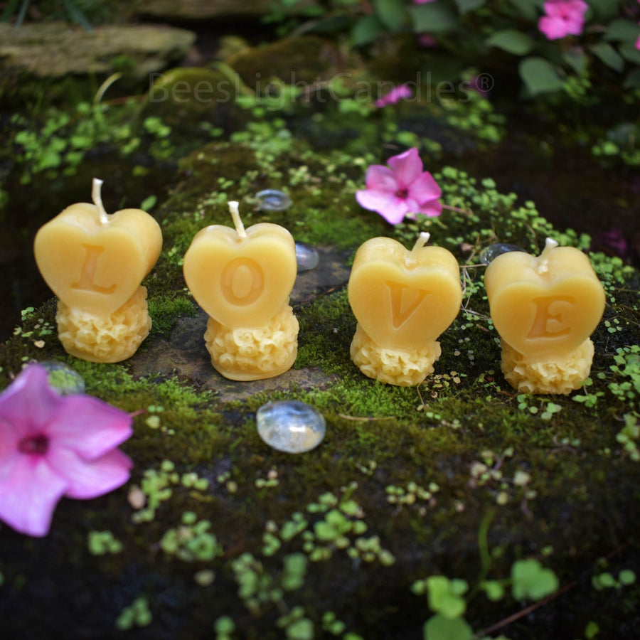 LOVE BEESWAX Candle Set | 100% All Natural Bees Wax Candles | Valentines Day | Roses and Hearts Floral | 4 Pack Anniversary Gift | Wedding - Bees Light Candles